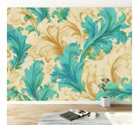 Paisley Vintage Plants Leaves Stripes Modern Panoramic Wall Mural, Blue Beige High-Resolution Non-Woven Wallpaper 450W x 315H cm - Oversized 3D Visual Art Poster for Kids Room, Bedroom & Corridor