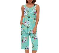 Pajama Set For Women Summer Short Sleeve Sleepwear Breathable T-Shirt And Soft Pjs Shorts With Funny Print Uk Size Ladies Waffle Pyjamas 2 Piece Lounge Sets Nightwear Green