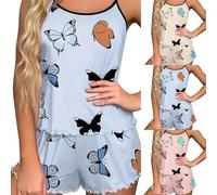 pajamas for women uk, Pjs for Women Sets Shorts Summer Sexy Butterfly Pyjamas Ladies Nightwear Lounge Wear Sleep Shorts and Camisole Tops 2 Piece Pajama, Blue, XL