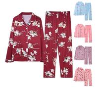 Pajamas For Women Uk Plus Size, Lapel Collar Button Down Tops V Neck Long Sleeve Tops With Chest Pocket Elasticated Waist Pants Full Length Trousers Comfortable Soft Ladies Homewear Sleepwear