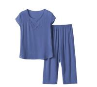 Pajamas for Women UK Short Sleeve Top and Wide Leg Cropped Trousers Bottoms Pjs Set Loungewear Sleepwear Pjs Sets with Pockets Blue