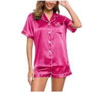 Pajamas Set for Women 2 Piece Silk Sleepwear Lapel Collared Button Down Shirts Casual Loose Short Sleeve Tops and Shorts Two Piece Glossy Satin Pjs Sets Loungewear UK Size