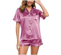 Pajamas Set for Women 2 Piece Silk Sleepwear Lapel Collared Button Down Shirts Casual Loose Short Sleeve Tops and Shorts Two Piece Glossy Satin Pjs Sets Loungewear UK Size