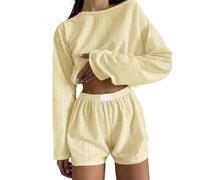 Pajamas Set for Women Eyelet Casual Sweatsuit Tops Long Sleeve Crop Top 2 Piece Sets Side Slits Shorts (Yellow,Large)