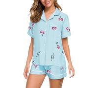 Pajamas Sets for Women Summer Fashion 2-Piece Y2K Graphic Button-Down Shirt & Shorts Pajama Set , Soft Comfy Ice Silk Modal Lounge & Sleepwear Sky Blue