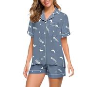Pajamas Sets for Women Summer Fashion 2-Piece Y2K Graphic Button-Down Shirt & Shorts Pajama Set , Soft Comfy Ice Silk Modal Lounge & Sleepwear Dark Blue