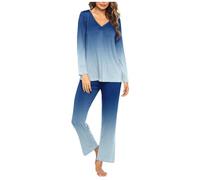 Pajamas Women UK Comfy Pajamas Set Ladies Pj Set Geometric Color Block Long Sleeve Loungewear Top and Straight Leg Pants Cropped Trousers Sleep Set Soft Nightwear Sleepwear Size S-3XL
