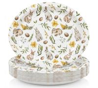 Pajean 100 Pcs Easter Paper Plates Bulk Easter Bunny Oval Dinner Plates Heavy Duty 9" x 11" Disposable Watercolor Rabbit Green Leaves Flower Dessert Tableware for Spring Party Supplies Decorations