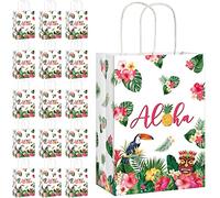 Pajean 16 Pack Hawaiian Gift Bag Luau Party Summer Tropical Palm Leaf Paper Bag with Handle for Candy Treat Summer Tropical Aloha Festival Hawaiian Luau Holiday Party Supplies Favor