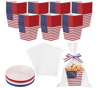 Pajean 24 Pcs 4th of July Treat Boxes with Gift Bags and Ribbon Patriotic Gift Boxes Red White Blue American Flag Goodie Cookies Popcorn Basket for Independence Day Memorial Party Favors Supplies
