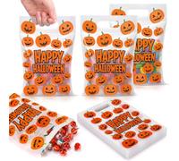 Pajean 25 Pack Halloween Plastic Gift Bags with Die-cut Handles 6.7x7.9 Inch Double-sided Pumpkin Treat Pouch Orange Pumpkin Candy Bags for Classroom Halloween Party Favor Cookie Packaging Decoration
