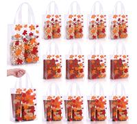 Pajean 25 Pcs Maple Leaf Plastic Gift Bags with Handles, 5.9 x 8.7 x 3.1 Inch Autumn Fall Design PE Treat Bags, Leaf Candy Goodie Pouches for Harvest Festival, Party Favor, Thanksgiving Supplies