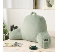 PAJEO Reading Pillow for Sitting in Bed, Large Backrest Reading Pillow with Arm Rest,Back-Rest Support Cushion for Sit Up on Couch, Sofa, and Floor, Dorm Essentials (Green Faux Fur, Large(19"))