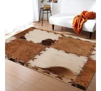 PAJEON Vintage Farm Brown Cowhide Texture Plaid Rug, 80 x 150 cm Thick Soft Plush Area Rugs, Breathable Durable Carpet, Machine Washable Mat for Hardwood Floors Decor
