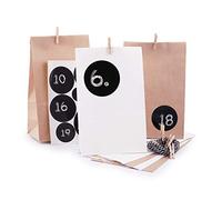 pajoma Advent Calendar for Filling Modern - 24 Kraft Paper Bags in White & Brown - DIY Christmas Calendar Craft Set with Number Stickers, String & Wooden Pegs