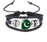 Pakistan Flag Bracelet - Asian Countries Multi-Layer Braided Leather Adjustable Bangle, Fashion Wristband Jewelry Gift For Women Men Patriotic Accessories,Black,Long:18Cm