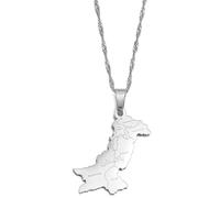 Pakistan Map With Urdu Pendant Necklaces Pakistani Ethnic Jewelry for Gold Color Silver Color(Silver Color,60cm)