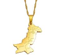 Pakistan Map With Urdu Pendant Necklaces Stainless Steel Pakistani Ethnic Jewelry for Women Men(Gold Color,60cm or 23.6 Inches)