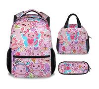 PAKKITOP Backpack with Matching Lunch Box for Girls, Axolotl Backpacks with Lunch Bag Pencil Case Combo for Kids, Cute Bookbag and Pencil Case Bundle, Pink Cartoon School Supplies