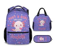 PAKKITOP Girls Backpack with Matching Lunch Box - Axolotl Backpacks with Lunch Bag Pencil Case Combo for Kids - Cute Purple Bookbag and Pencil Case Bundle - Cartoon School Supplies