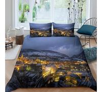 PAKZJXQRF 3D Comfortable Microfiber Snowy village night Bed Quilt Cover All Season Bedding Set with Pillow Shams Cozy mountain town Duvet Cover Set Easy Care for Bedroom Decor Single（140x200cm）