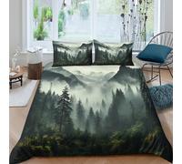 PAKZJXQRF 3D Comfortable Microfibre Misty mountain forest Quilt Cover Breathable Bedding Sets with Matching Pillowcase Nature landscape Duvet Cover Sets All Season for Couples Double（200x200cm）