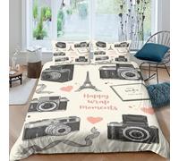 PAKZJXQRF 3D Effect Easy Care Microfiber Vintage cameras Duvet Cover All Season Bedding Set with Pillow Shams Hand drawn illust Bedding Quilt Cover Breathable for Teens Adults Double（200x200cm）