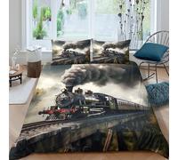 PAKZJXQRF 3D Skin Friendly Microfibre Steam Train Bed Quilt Cover Soft Bedding Set with Pillowcases Historic Railway Scene_ Duvet Cover All Season Breathable for Bedroom Decor Single（135x200cm）