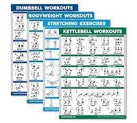 Palace Learning 4 Pack - Dumbbell Workouts + Bodyweight Workouts + Stretching Exercises + Kettlebell - Set of 4 Workout Charts (18” x 24”, LAMINATED)