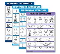 Palace Learning 4 Pack - Dumbbell Workouts + Bodyweight Workouts + Stretching Exercises + Pilates - Set of 4 Workout Charts (18” x 24”, LAMINATED)