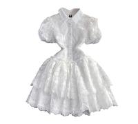 Palace Style Dresses - Summer Retro Temperament Lapel Single-Breasted Embroidered Puff Sleeve A-Line Pleated Dress for Women, Elegant Victorian Dresses Palace Style Prom Dress Party Dress,Wh White