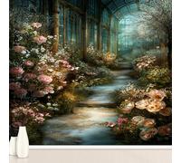 Palace Wonderful Flowers Castle Wall Sticker, Romance Rose Countryside Murals Self Adhesive Photo, European Architecture Arch Wallpaper PVC Murals for Bedroom, Living Room Wall Art 260x175 cm