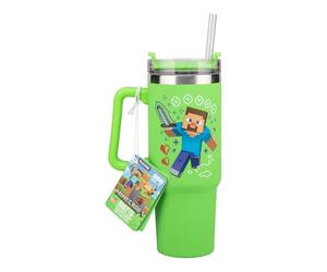 Paladone Minecraft Steve & Creeper 30 oz Green Insulated Cup and Straw, Officially Licensed Tumbler Travel Cup with Handle for Iced Tea or Coffee, Gaming Merchandise