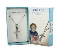 Palais du Rosaire Saint Benedict Cross Necklace Engraved with Picture Box Silver Necklace Christian Worship Steel