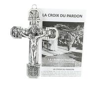 Palais du Rosaire Silver Metal Cross of Forgiveness 11 x 7 cm with French and English Booklet - Religious Cross - Christian Worship in Sterling Silver