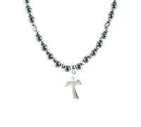 Palais du Rosaire Tau Hematite and Cross Necklace - Costume Necklace - Christian Worship in Hematite Stones, 25 cm, Stone