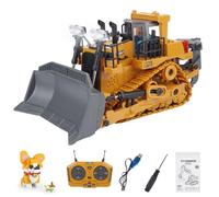 Palapozzy 1/24 Scale RC Bulldozer for Adults, 2.4G 9CH Alloy RC Construction Car with Lights and Sound Effects, RC Construction Vehicle Model + Dog Building Blocks (160+PCS)
