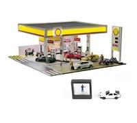 Palapozzy Shell Gas Station Miniature Display, 1/64 Scale Detailed Diorama Garage with LED Lighting, Compatible Architecture Model for DIY Car Collection Scene (with 1 Car Model & 1 Figure)