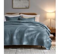 PALASSIO Striped Blue Grey 100% Cotton Quilt California Cal King Size Bedding Sets, Oversized Lightweight Channel Pick Stitch Textured Bedspread Soft Farmhouse Country Coverlet for All Season, 2 Shams