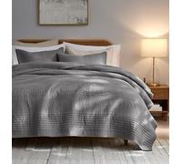 palassio Striped Dark Grey 100% Cotton Quilt King Size Bedding Sets, Lightweight Crinkly Channel Pick Stitch Textured Bedspread Soft Shabby Chic Farmhouse Country Coverlet for All Season, 2 Shams