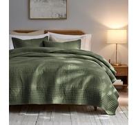 palassio Striped Olive Green 100% Cotton Quilt Queen Size Bedding Sets, Lightweight Crinkly Channel Pick Stitch Textured Bedspread Soft Shabby Chic Farmhouse Country Coverlet for All Season, 2 Shams