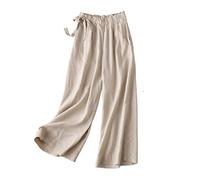 Palazzo Trousers For Women Uk, Womens Cotton Linen Wide Leg Trousers Plain Side Drawstring Stretchy Waist Smocked Trousers Elegant Palazzo Trousers Lightweight Airy Summer Pants Straight Leg Pants,A