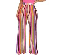 Palazzo Trousers For Women Uk, Womens Knitting Wide Leg Trousers Fashion Colorful Stripes High Waist Palazzo Trousers Elegant Loose Hollow Knit Jacquard Zipper Trousers Straight Leg Pants,Purple,Xx