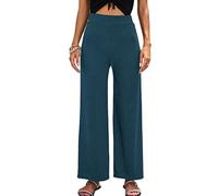 Palazzo Trousers For Women Uk, Womens Wide Leg Trousers Plain Rib Elasticated High Waist Palazzo Trousers Elegant Casual Loose Cropped Trousers Straight Leg Pants Bottoms Oceanside Pants,Teal,Xxl