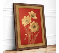 Pale Blooms on Red Botanical Framed Wall Art Print A1 (84.1×59.4cm) Walnut, Wall Decor for Living Room, Bedroom, Office & Home, Ready to Hang, Art Gift