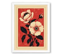Pale Blooms on Red Botanical Framed Wall Art Print A1 (84.1×59.4cm) White, Wall Decor for Living Room, Bedroom, Office & Home, Ready to Hang, Art Gift