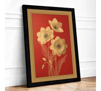 Pale Blooms on Red Botanical Framed Wall Art Print A2 (59.4×42cm) Black, Wall Decor for Living Room, Bedroom, Office & Home, Ready to Hang, Art Gift