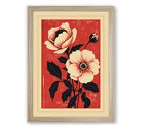 Pale Blooms on Red Botanical Framed Wall Art Print A2 (59.4×42cm) Oak, Wall Decor for Living Room, Bedroom, Office & Home, Ready to Hang, Art Gift