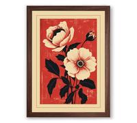 Pale Blooms on Red Botanical Framed Wall Art Print A4 (29.7×21cm) Walnut, Wall Decor for Living Room, Bedroom, Office & Home, Ready to Hang, Art Gift