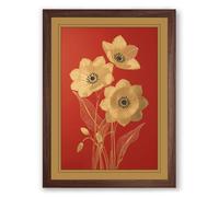 Pale Blooms on Red Botanical Framed Wall Art Print A4 (29.7×21cm) Walnut, Wall Decor for Living Room, Bedroom, Office & Home, Ready to Hang, Art Gift